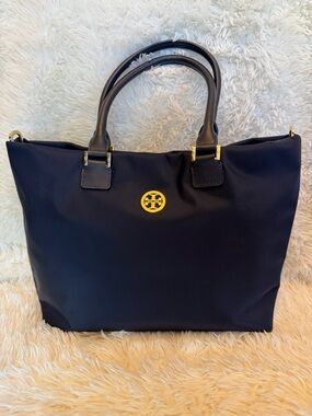 Tory Burch Navy Nylon Leather Tote with Gold Emblem Magnetic Double Handle Large